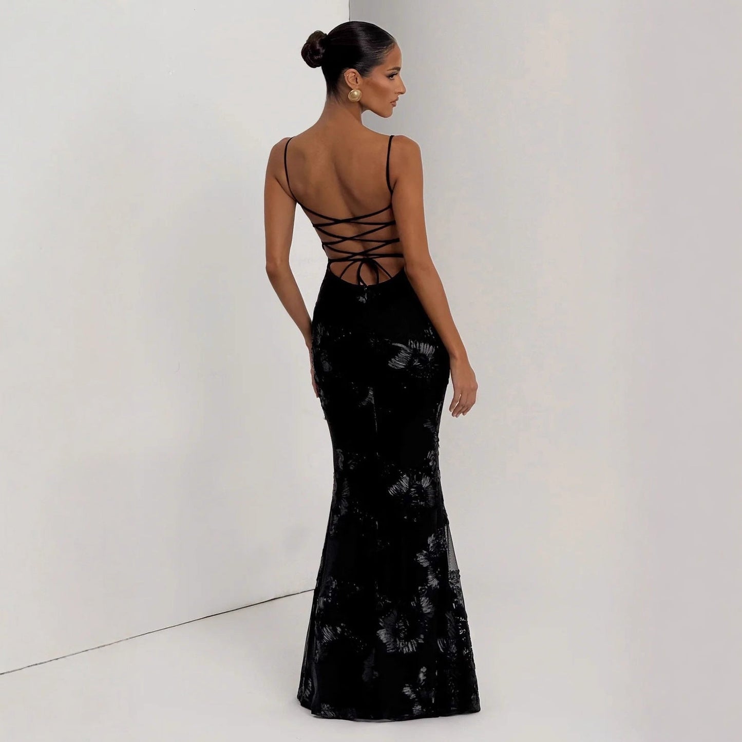 Mermaid silhouette floral maxi dress, back view