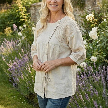 Embroidered top with front button detail