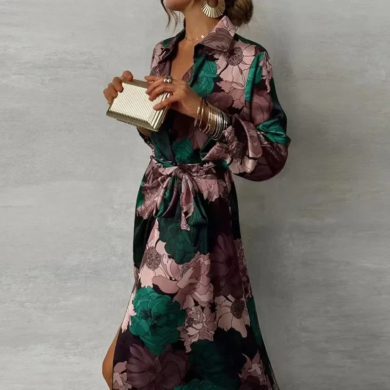 Floral belted shirt dress in dark green, front view