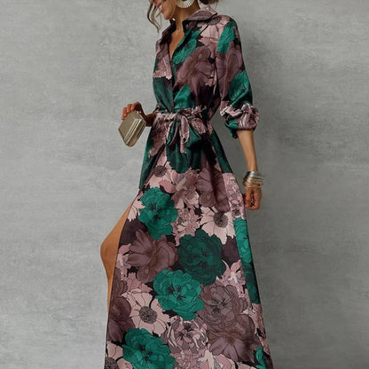 Floral shirt dress showing self-tie belt