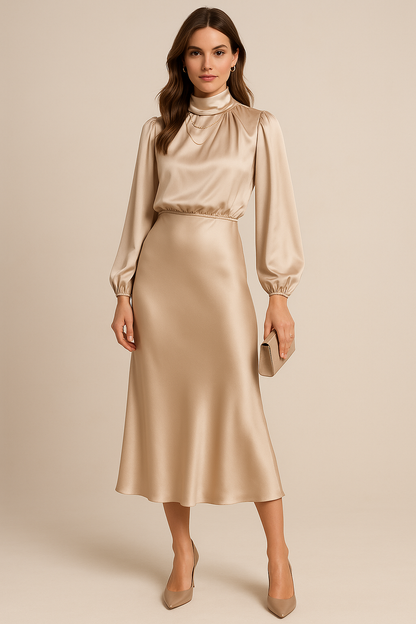 Orlaith long-sleeve satin wedding guest dress view 10