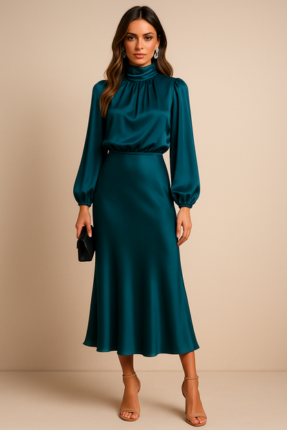 Orlaith long-sleeve satin wedding guest dress view 6