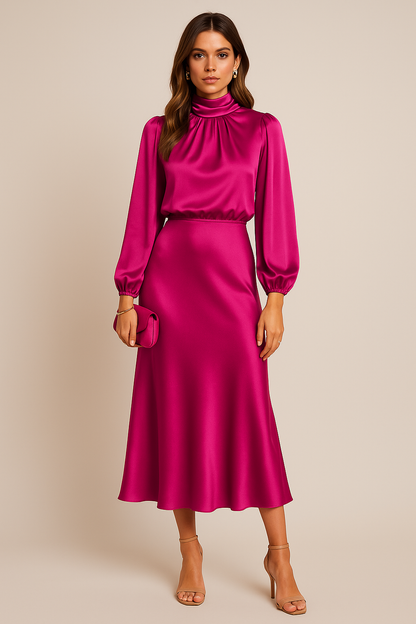 Orlaith long-sleeve satin wedding guest dress view 7