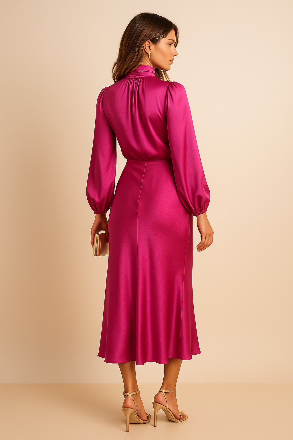 Orlaith long-sleeve satin wedding guest dress view 8