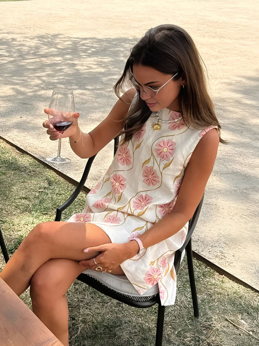 Florine sleeveless A-line linen mini dress front view