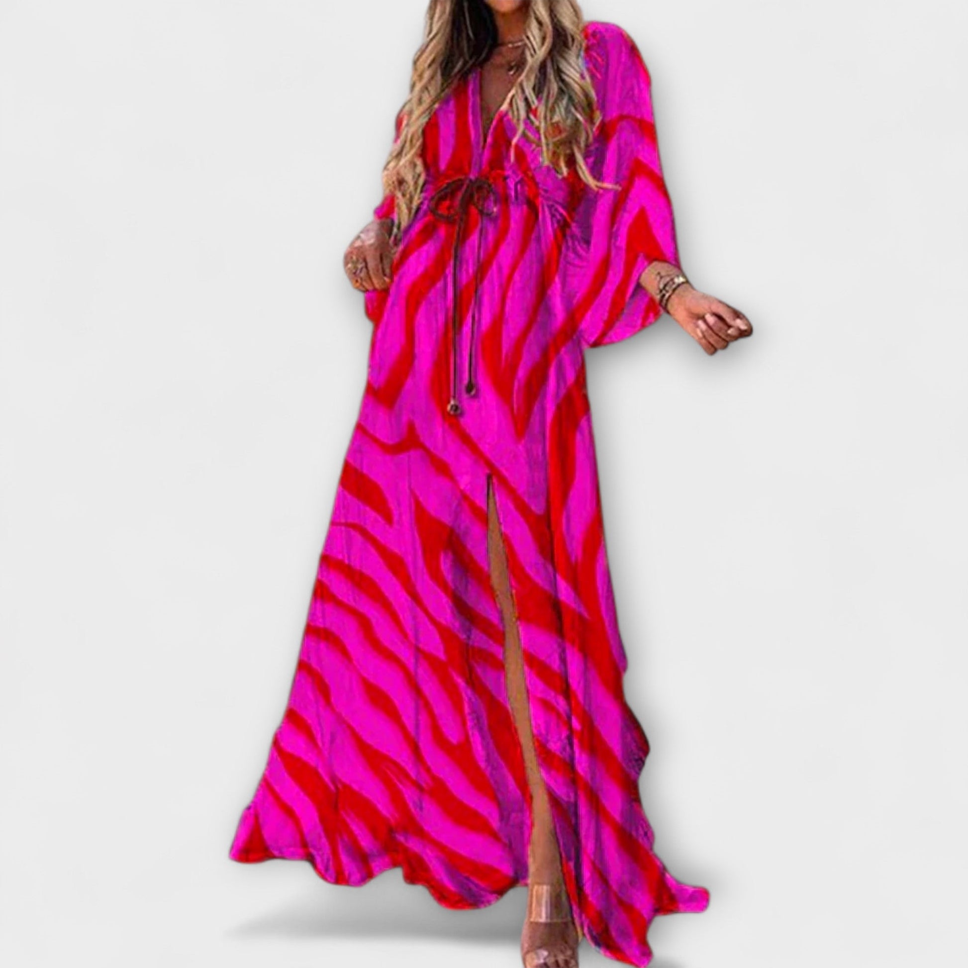 V-neck midi dress showing flattering silhouette