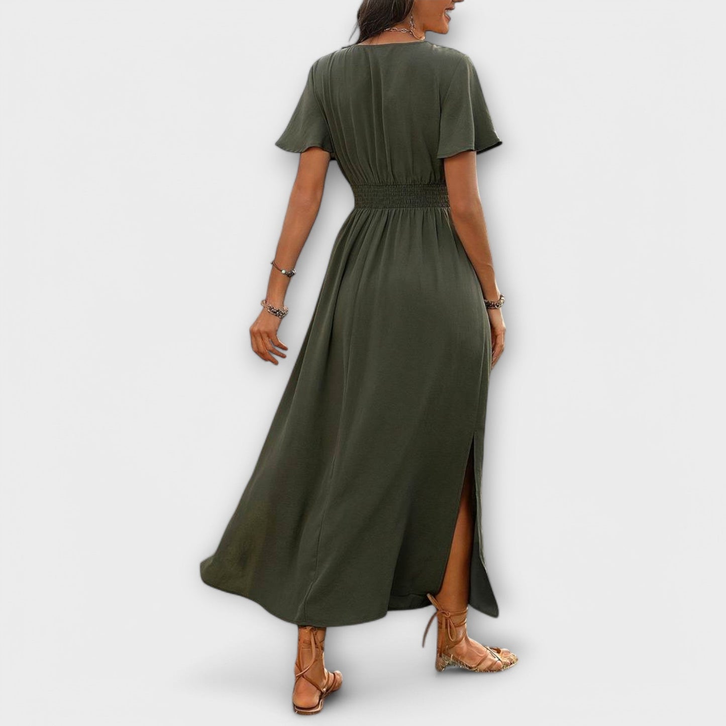 Dark green midi dress, styled view
