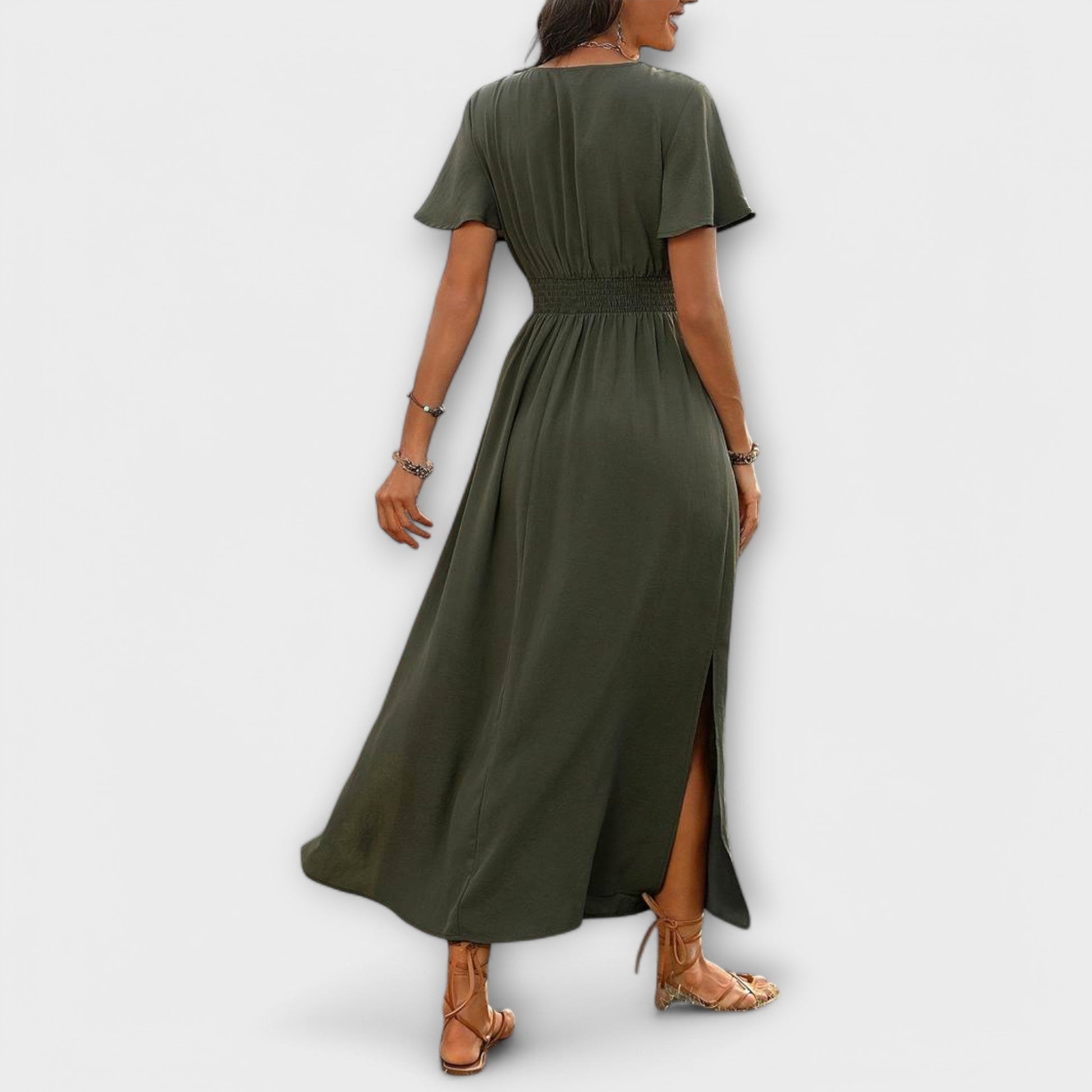 Dark green midi dress, styled view