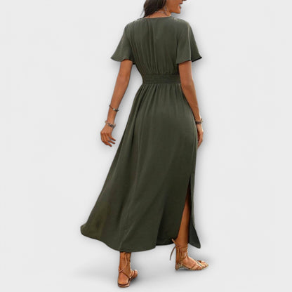 Dark green midi dress, styled view