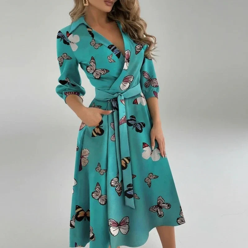 Belted midi dress with collared V-neck