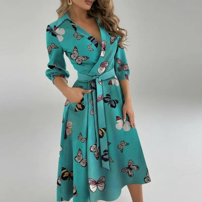 Belted midi dress with collared V-neck
