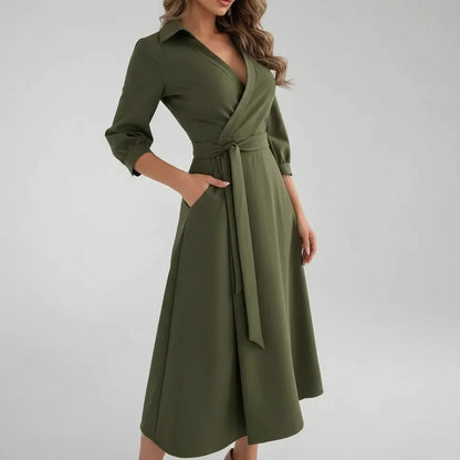 Belted midi dress showing 3/4 sleeves