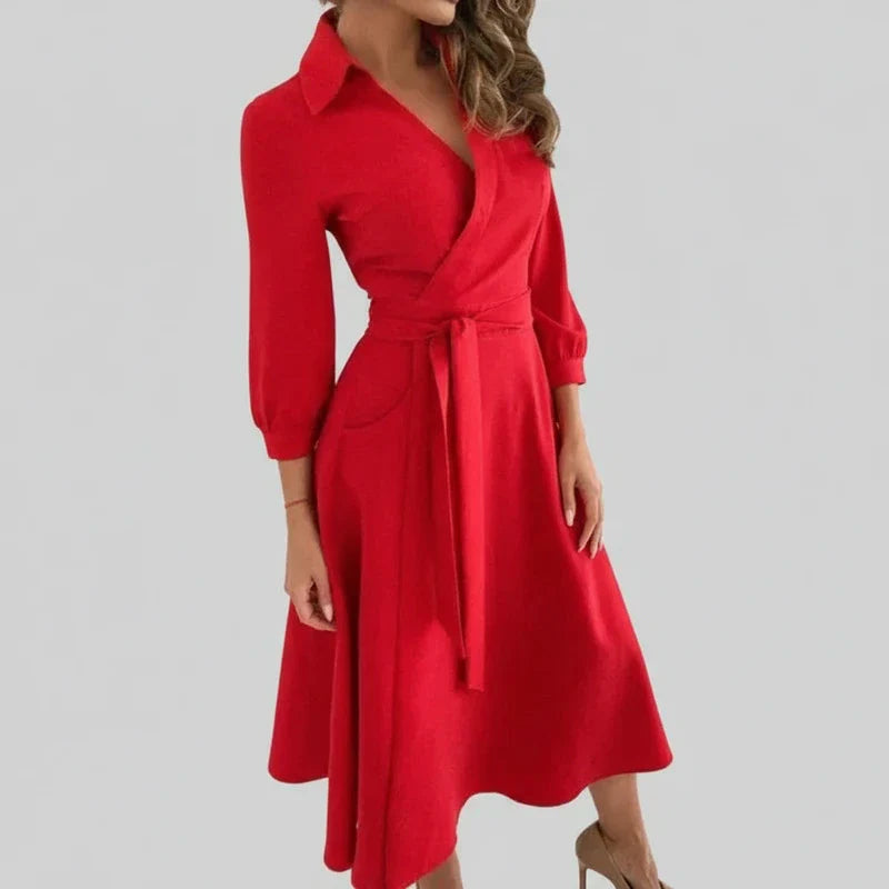 Belted A-line midi dress in red, front view