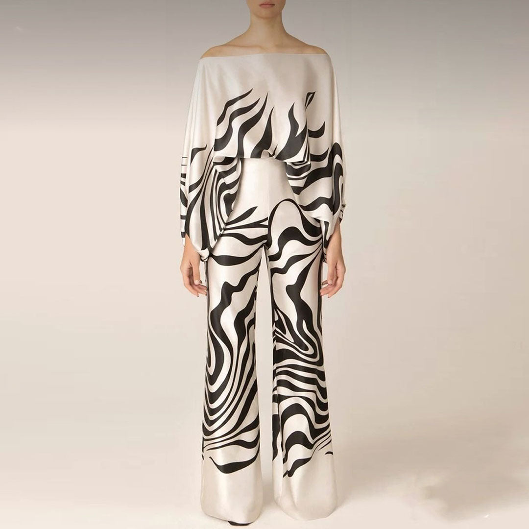 Soraya | One Shoulder Satin Top & Wide Leg Pants Set