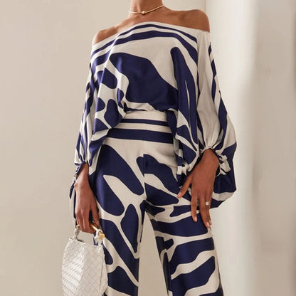 Soraya | One Shoulder Satin Top & Wide Leg Pants Set