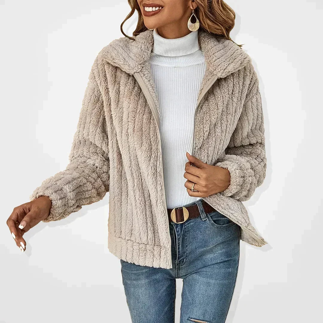 Plush cardigan showing soft texture