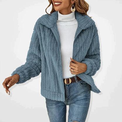 Fluffy cardigan showing wide plush collar