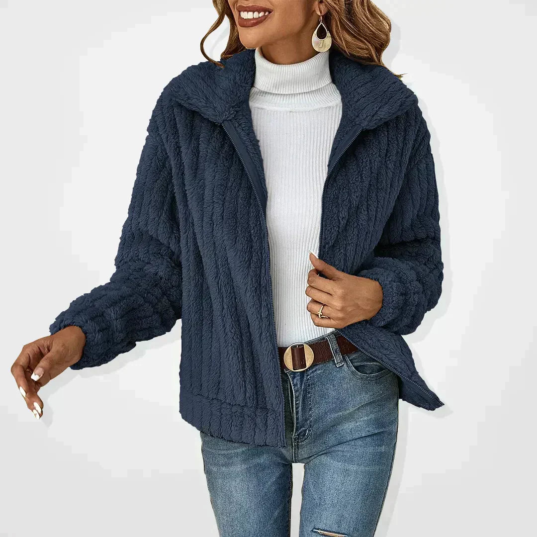 Fluffy open-front cardigan, side view