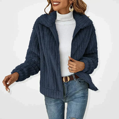 Fluffy open-front cardigan, side view
