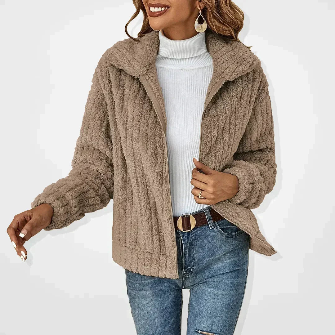 Plush collar fluffy cardigan, front view