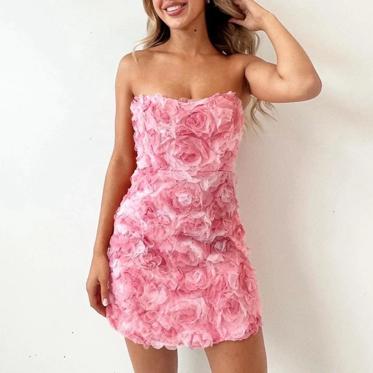 Romina pink floral mini dress side view