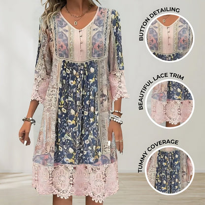 Floral midi dress showing lace and button detail