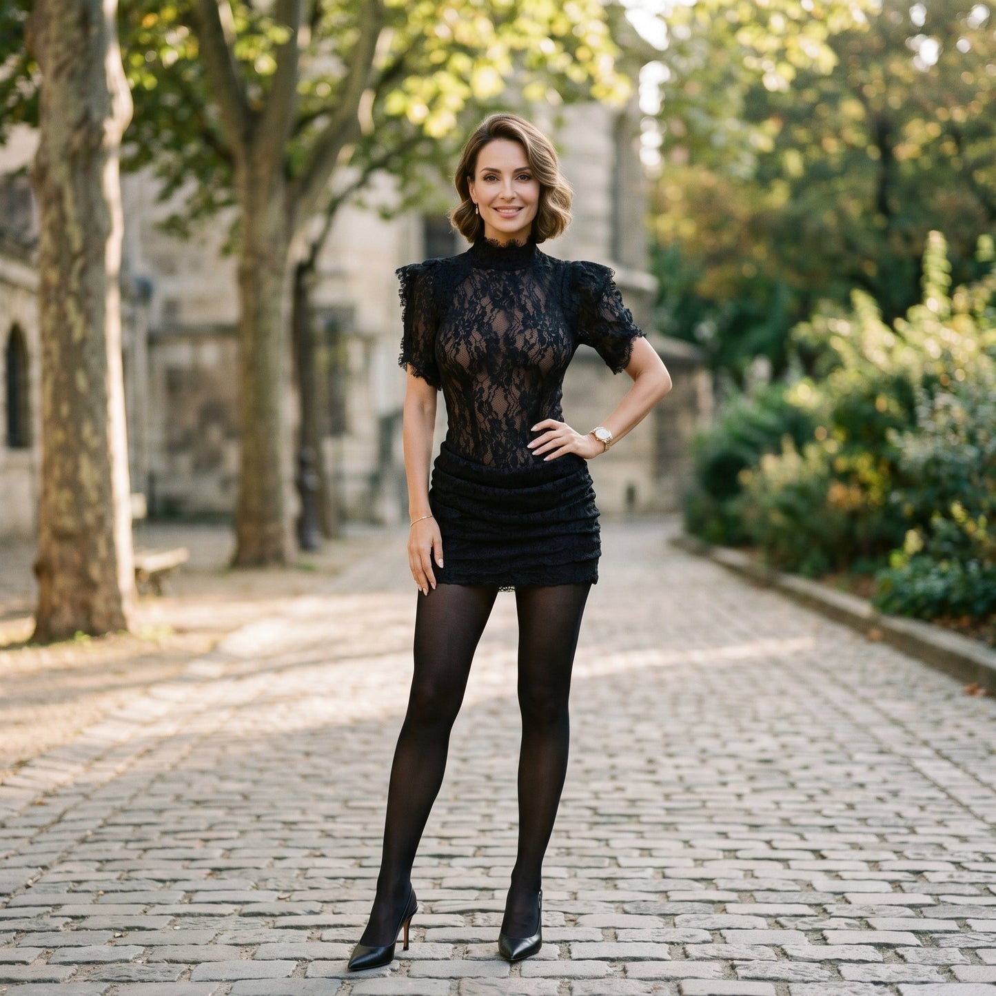 Black lace mini dress front view