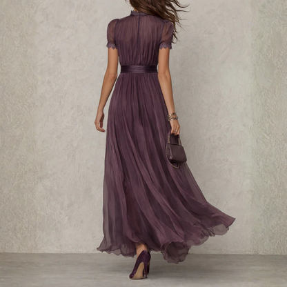 Chiffon maxi dress showing lace-trimmed neckline