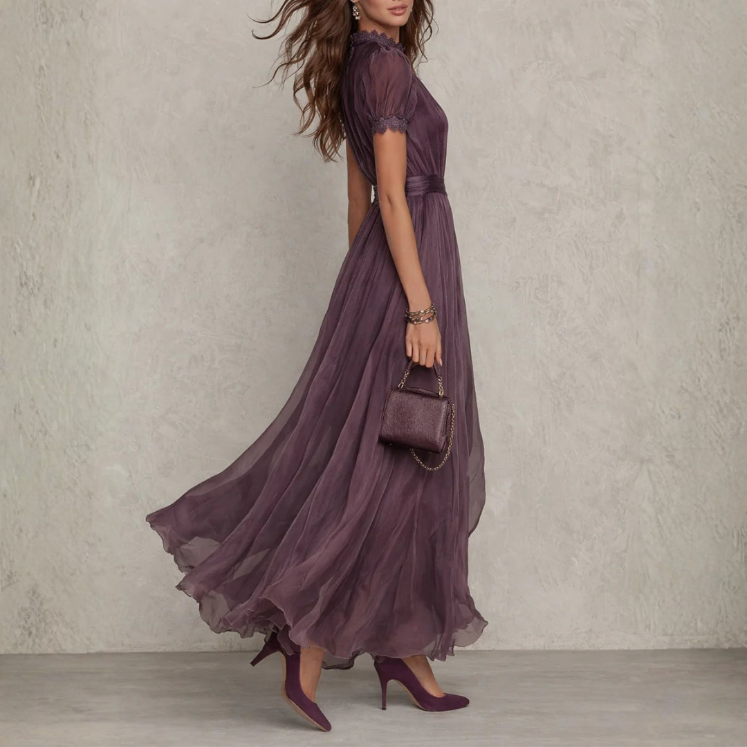 Lace trim maxi dress showing satin waistband