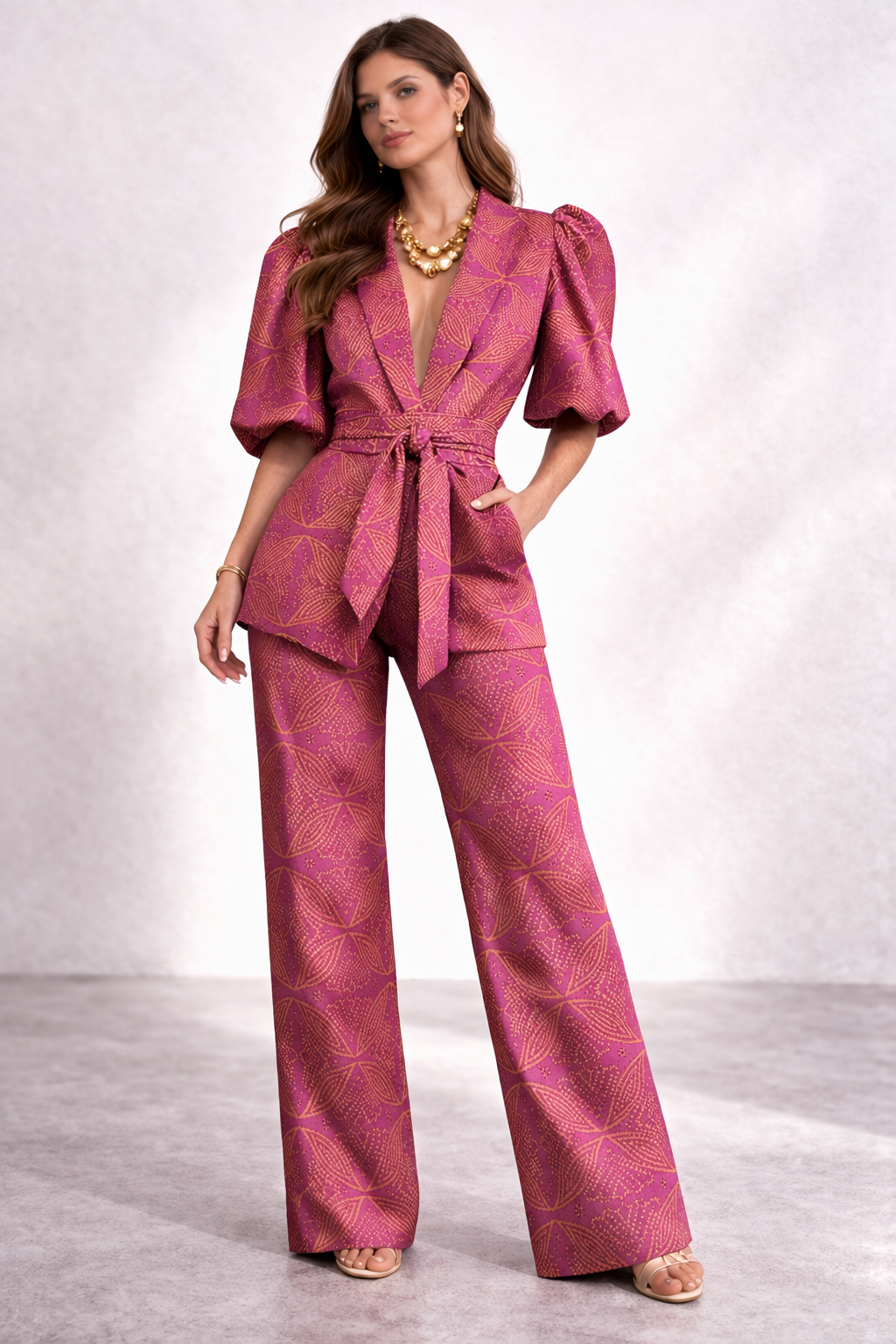 Multicolor pants set with puff sleeves