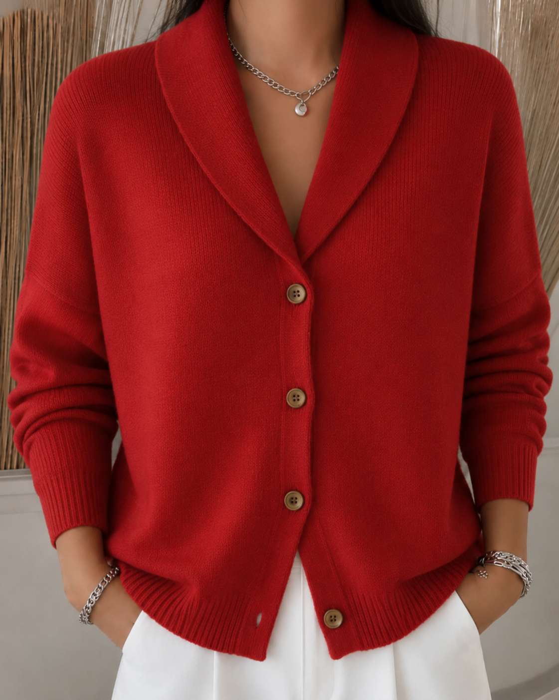 Cardigan showing button-up collar detail