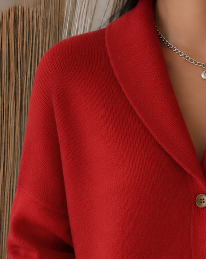 Button collar cardigan worn open as a layer