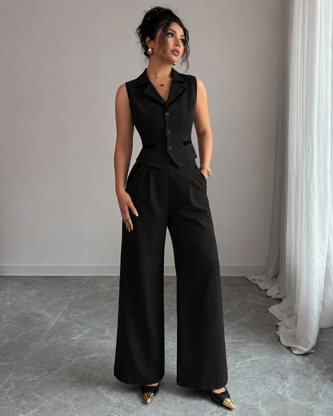 Monroe button-front vest and wide-leg trouser set view 3