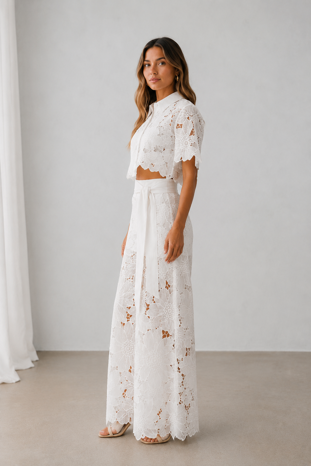 White lace set showing cut-out lace pattern detail