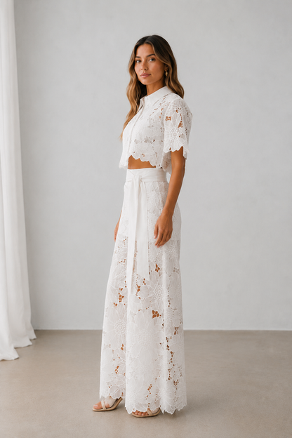 White lace set showing cut-out lace pattern detail