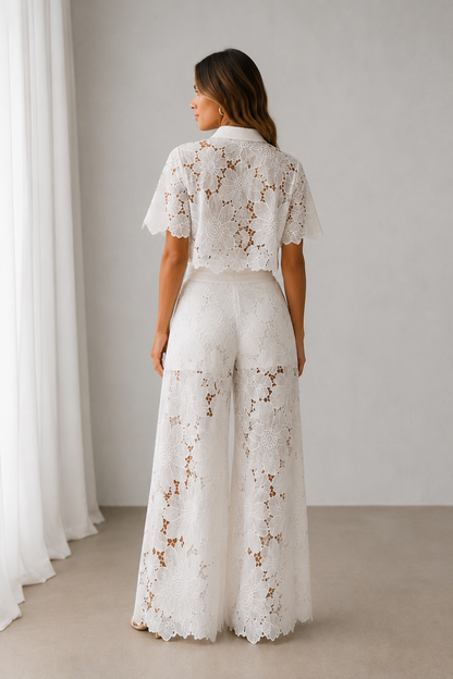 Lace collared shirt and high-waisted wide-leg trousers, full view