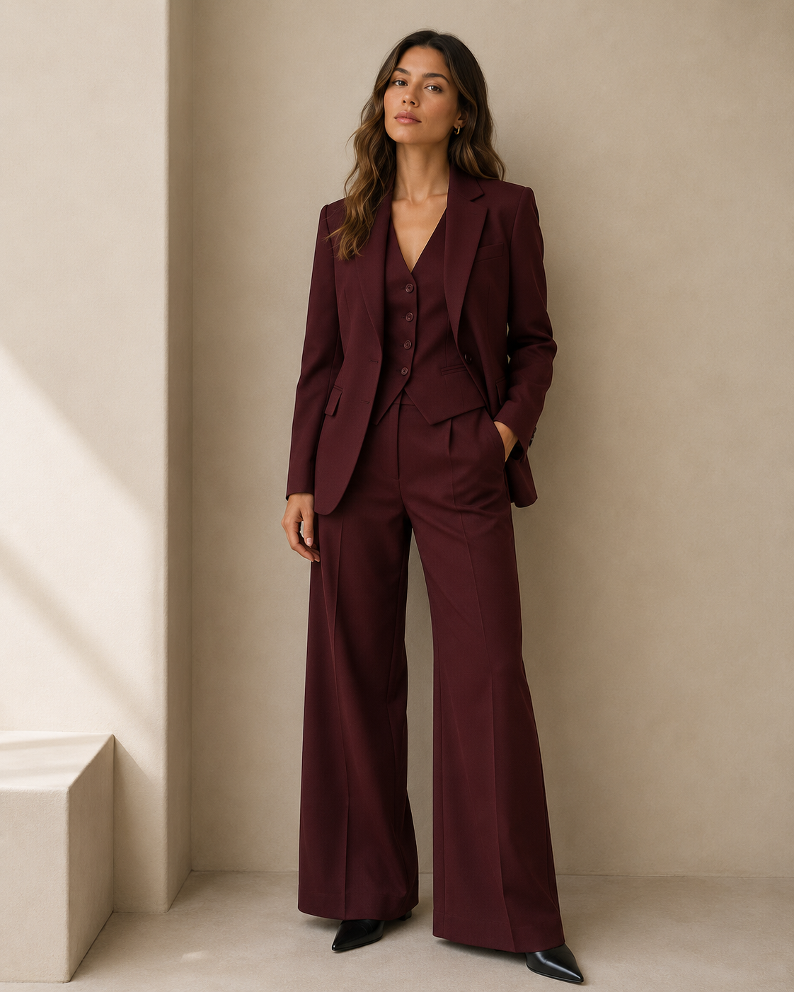 Black three-piece suit showing buttoned waistcoat