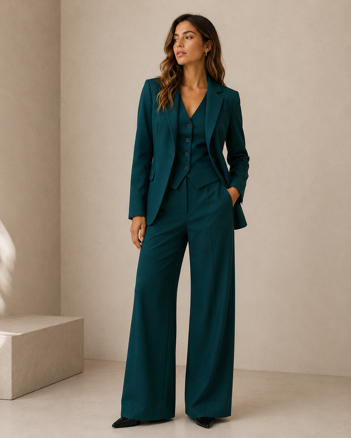 Fitted lapel blazer and straight trousers in black, side view