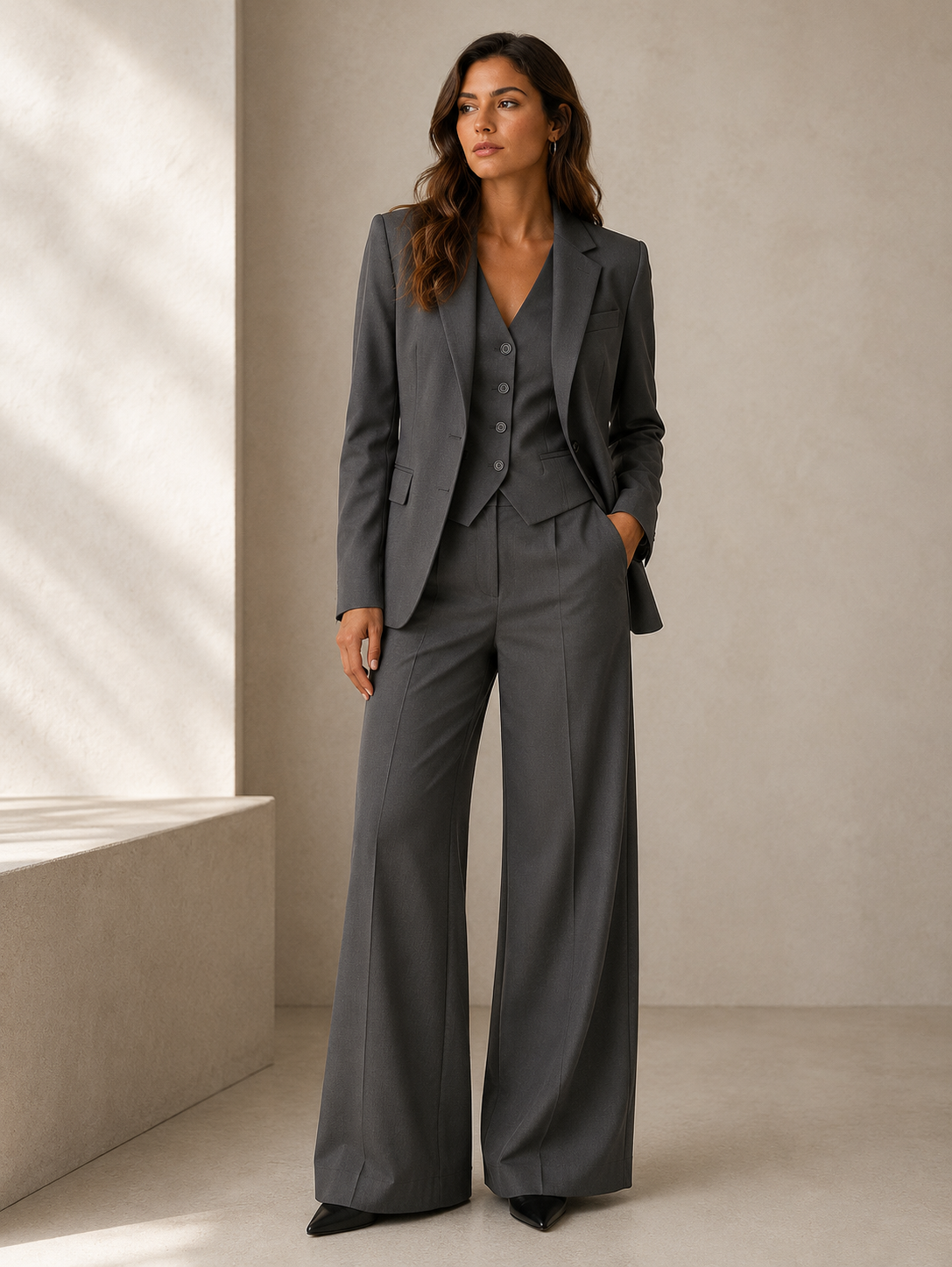 Black tailored three-piece suit, back view