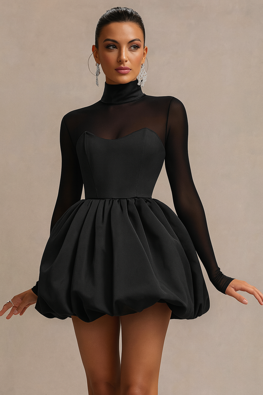 Lucinda high neck long sleeve puff mini dress front view