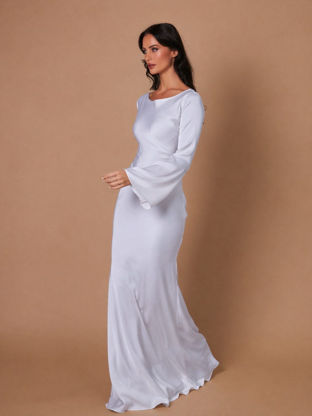 Draped sleeve satin maxi gown