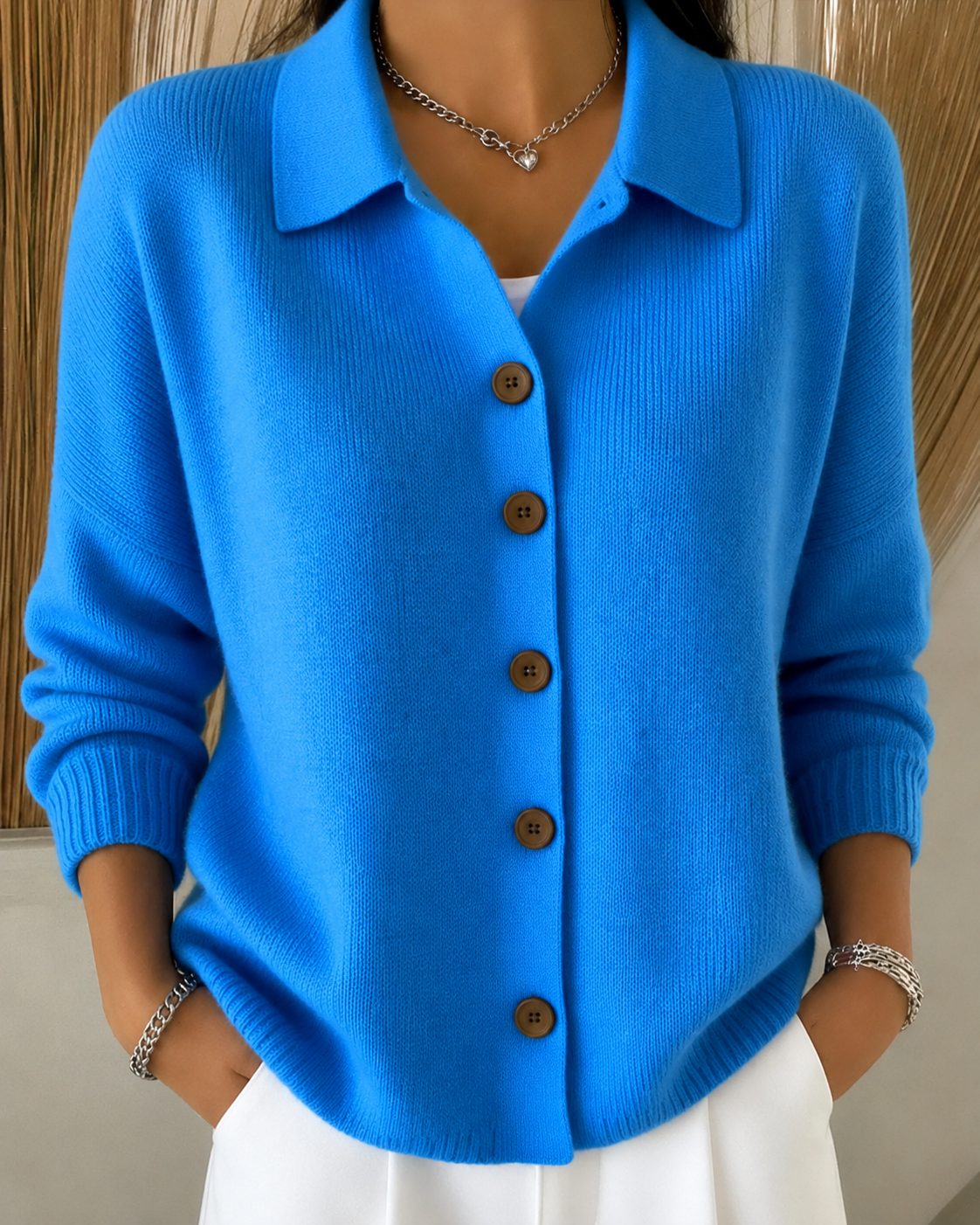 Button collar cardigan, front view
