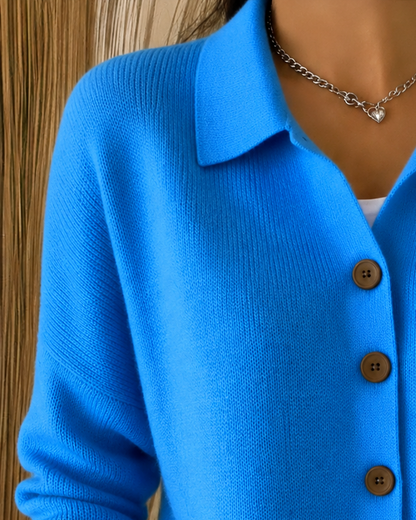 Button collar cardigan worn buttoned as a top