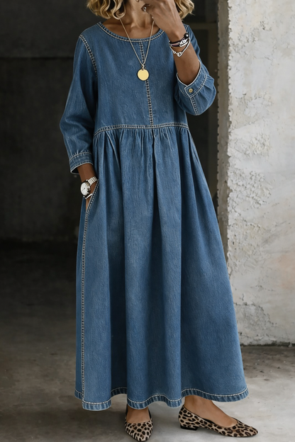 Round neck long sleeve denim dress