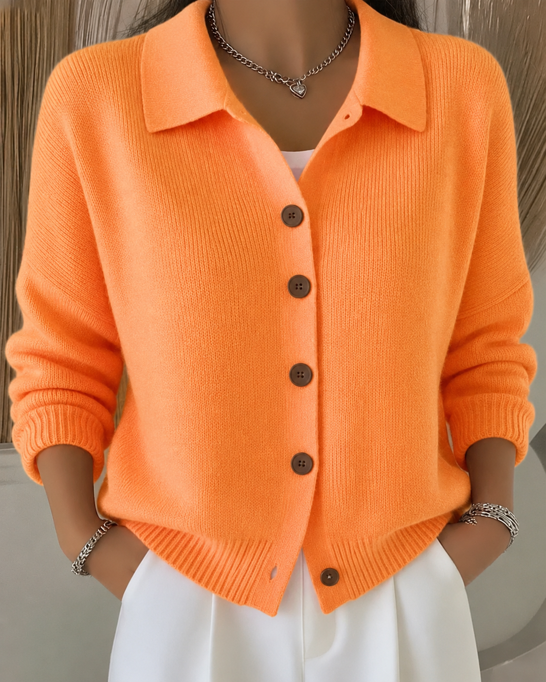 Button collar knit cardigan, side view