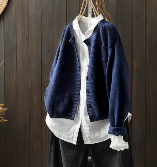 Oversized cardigan showing drape and length