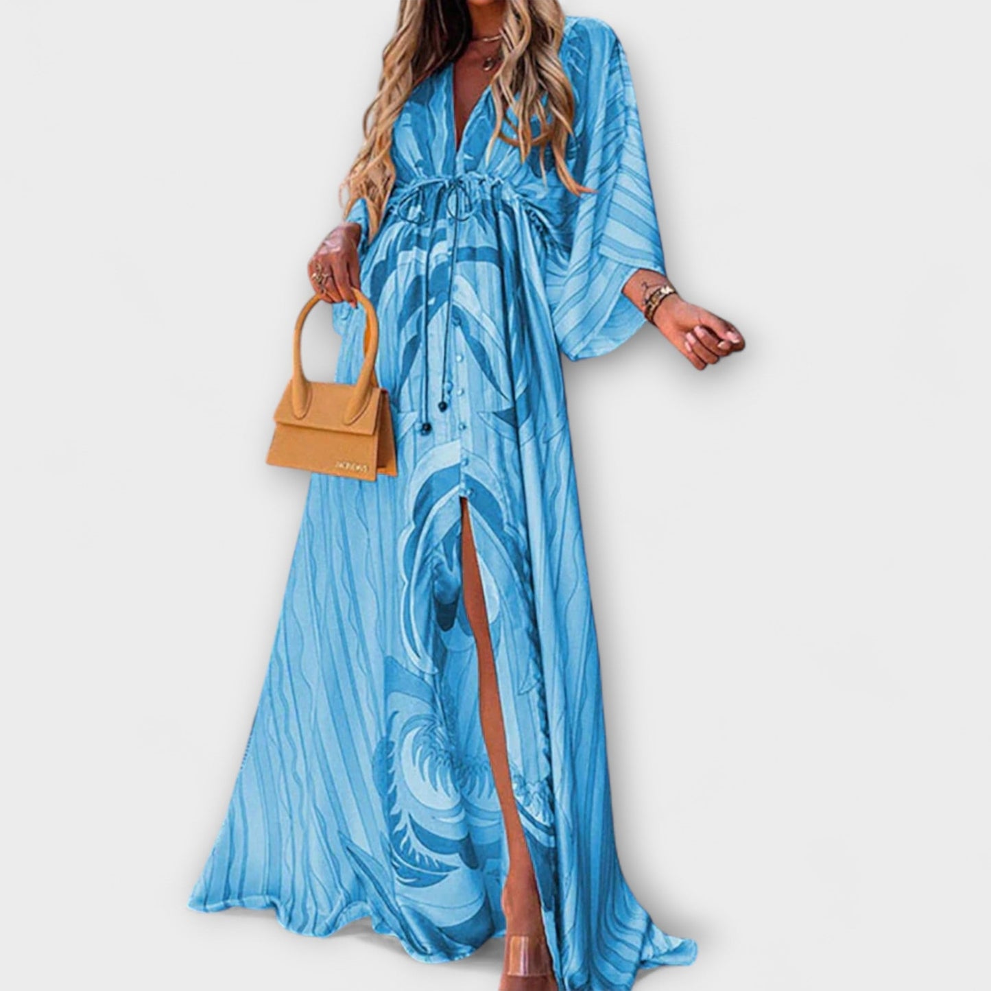 Colourful midi dress, styled view