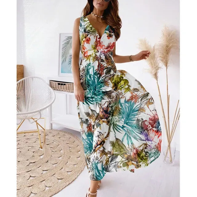 Tropical print maxi dress in green colourway