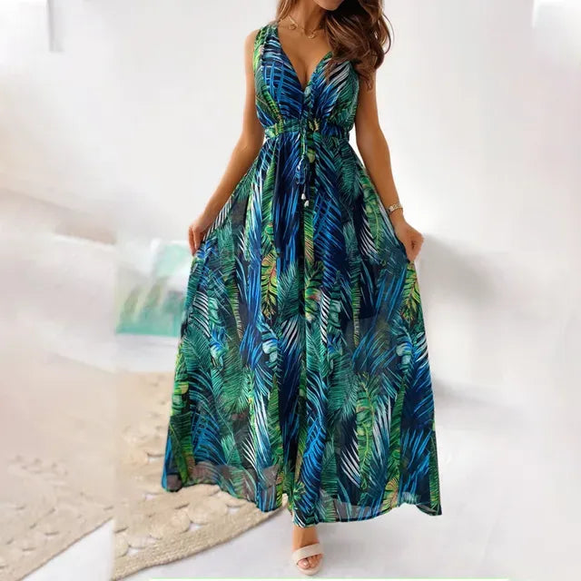 Tropical print maxi dress showing flowing cut