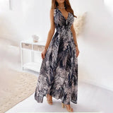 Tropical print maxi dress in black, front view